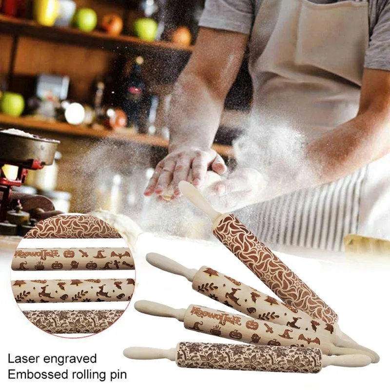 

Embossing Rolling Pins Wooden Laser Engraved Carved Decorative Rolling Pin For DIY Cookies Noodle Biscuit Cake Fondant
