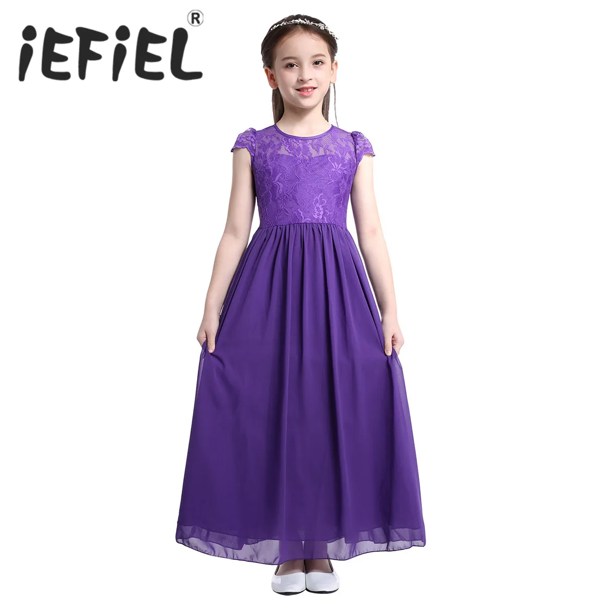 

iEFiEL Kids Girls Floral Tulle Lace Chiffon Dress for Party and Wedding Bridal Girls Flower Dress Prom Formal Maxi Dress 4-14Y