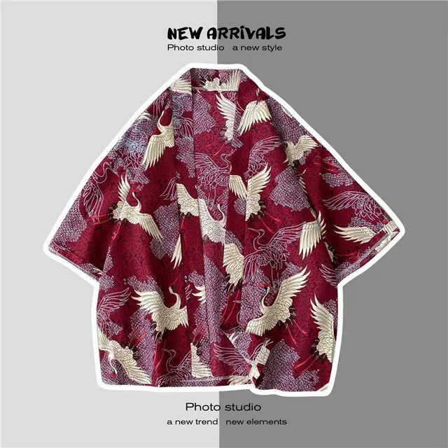 V-hanver Kimono Man Japanse Kleding Yukata Mannelijke Samurai Kostuum Haori Obi Strand Mannen Kimono Vest Japanse Streetwear Jas 1965-Red
