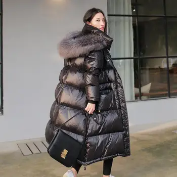 

Black Glossy Women Winter Jacket Big Fur Collar Winter Coat Women Long Down Parka Lady Hooded Parkas Warm Solid Cotton Jackets