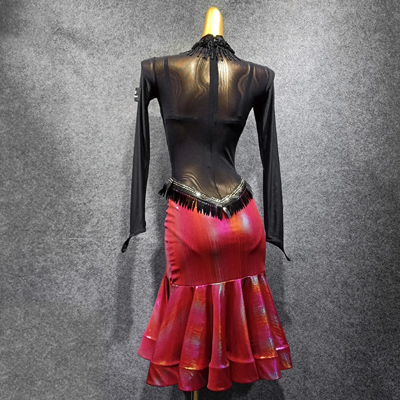 Dress no bra Популярное платье для латинских танцев, Одежда для танцев, женская сексуальная прозрачная задняя часть, длинный рукав, красная юбка для танцев, платье для сальсы - Цвет: Dress no bra