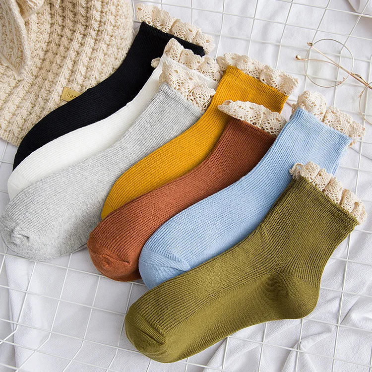 7 Pairs Harajuku Sweet Lace Ruffle Socks Women Solid Frilly Cotton Soft Socks Woman Cute Kawaii Princess Girl Ankle Socks Female