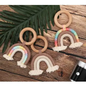 

Baby Teething Ring Rainbow Tassel Macrame Wooden Boho Baby Teether Stroller Gift Decoration Toys Shower Gift