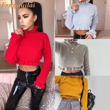 Ruffles Knitting Sweater Women Cropped Pullover Red Sexy Turtleneck Long Sleeve Crop Top Fall 2020 Sweaters Ruffles Knitting Sweater Women Cropped Pullover Red Sexy Turtleneck Long Sleeve Crop Top Fall 2020 Sweaters