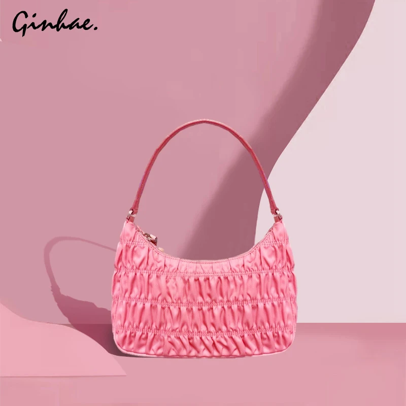 

Vintage Luxury Design Women Pleated tote Bag Nylon Shoulder Bag Spring and Summer Solid Color Handbag Half Moon Dumpling Bag