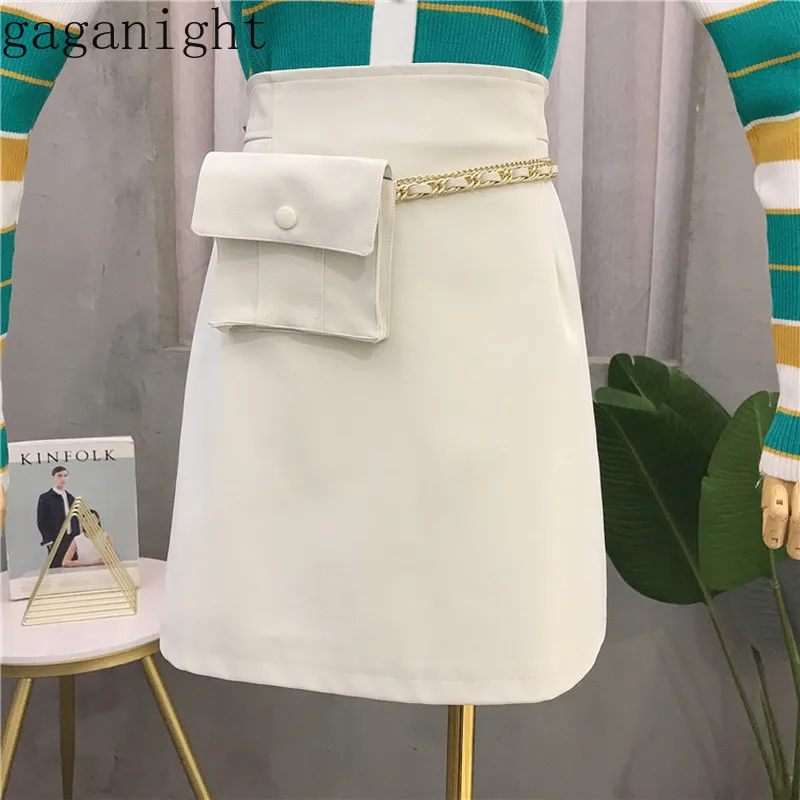 Gaganight модная женская мини-юбка из искусственной кожи с цепочкой маленькая поясная сумка однотонная имперская тонкая юбка размера плюс Женская Корейская винтажная трапециевидная юбка