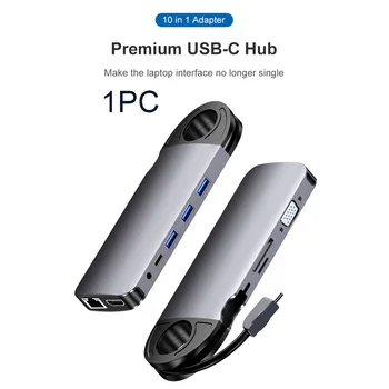 

10 In 1 Ethernet Splitter PD Charging High Speed Audio Mic Jack USB C Hub VGA Adapter 4K HDMI 3.0 Ports Dock Station Card Reader