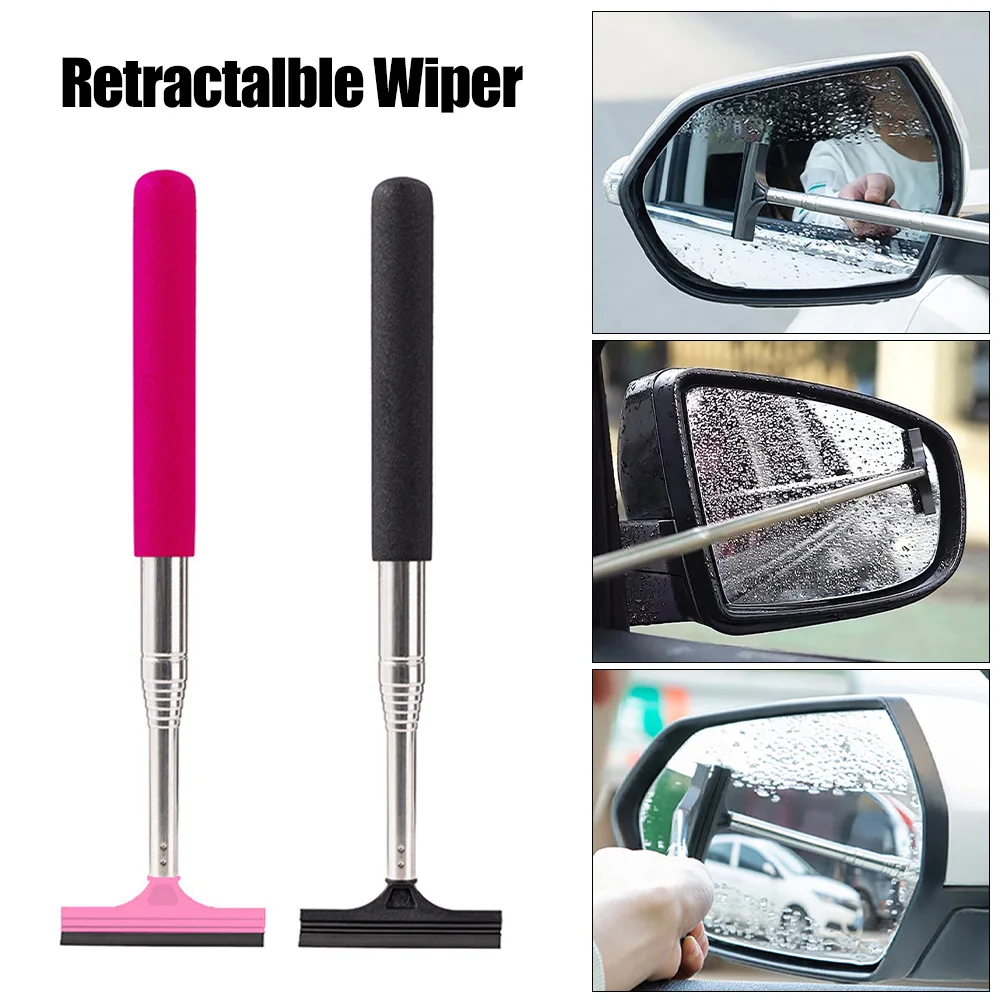 Car Rearview Mirror Wiper, Retractable Car Rearview Mirror Squeegee Side  Mirror Squeegee with 98mm Telescopic Auto Rod(Black-2pc)