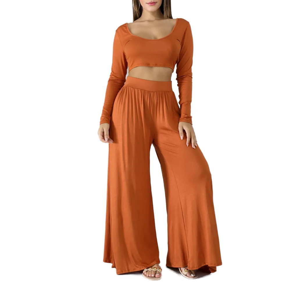 

Fadzeco 2 Piece Outfits Sweatsuit Solid Long Sleeve T Shirt Crop Tops and Wide Leg Long Pants Set Casual Tracksuit