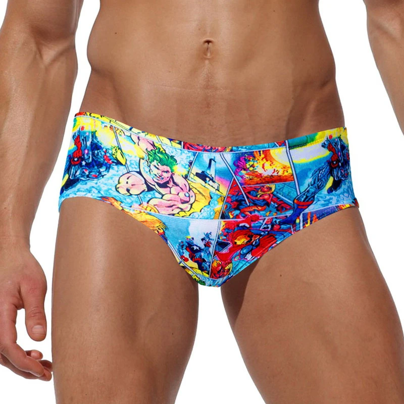 Swimsuit Man Cartoon Printed Drawstring Elastic Men Swimwear Breathable Quick Dry Swim Trunks Beachwear Sexy Swim Briefs Male XL