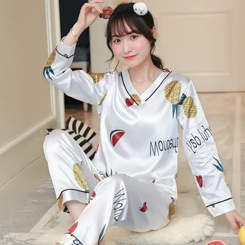 

Pajama Sets Women Spring V-neck Thin Printed Korean Style Women Homewear Sexy Leisure Elegant Sleepwear New Arrival Pyjamas Chic