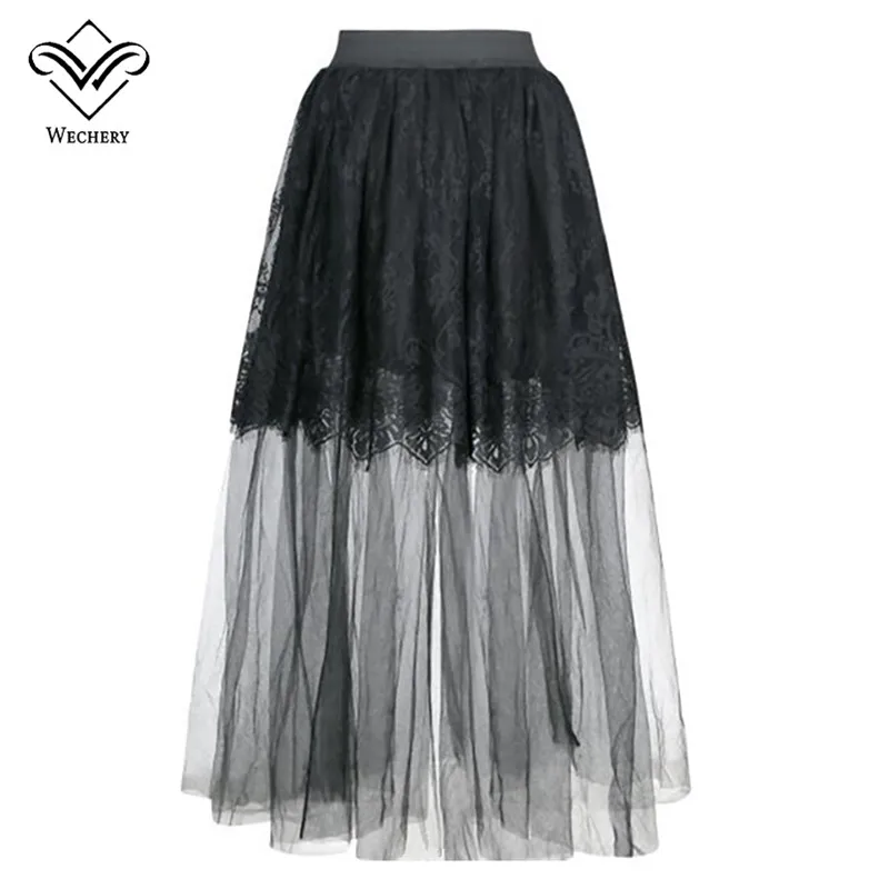 

Wechery Mesh Long Skirt Transparent High Waist Skirts Plus Size Floral Lace Custom Womens Fashion Clothing Gothic A-Line Style