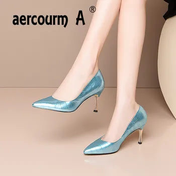 

Aercourm A 2020 High Quality Women Blue Silver Pumps Cow Leather Spring Square Shoes Woman Solid Color Shoes Thin Heel Woman