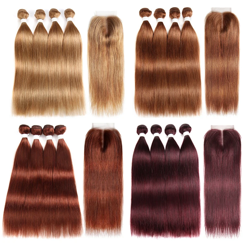 Brazilian Straight Human Hair Bundles With Closure 4x4 Honey Blonde Colored 100% Human Hair Weave Bundles With Closure Non-Remy