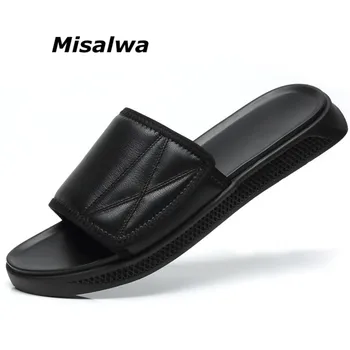 

Misalwa Real Cow Genuine Leather Luxurious Men Summer Slippers Indoor Relax Black Sandals Non Slip Casual Daily Men's Shoes