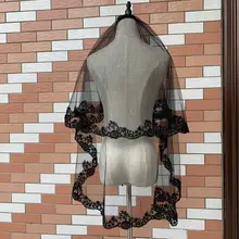 2-Tier Women Halloween Cosplay Costume Black Mantilla Wedding Veil Embroidery Floral Lace Sheer Tulle Hair Accessories with Comb