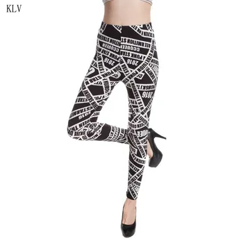 

Women Mid Rise Leggings Black White Alphabet Letters Printed Skinny Pants