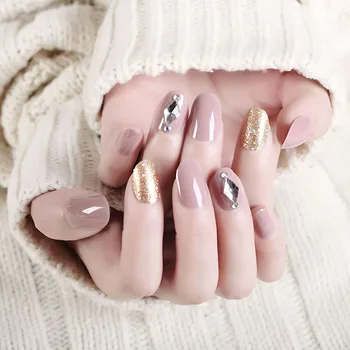 

24pcs/boxed short size full cover nail tips Finished Nude Color Patch Gold Powder acrylic artificial nails with glue for girls