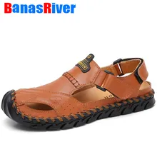 Удобные мужские кожаные пляжные сандалии с перфорацией; нескользящая летняя Уличная обувь; дышащая повседневная прогулочная обувь ручной работы без застежки