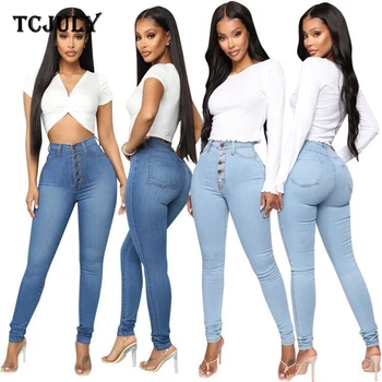 

TCJULY New Design Stylish Single Row Buttons Women Jeans Skinny Push Up Stretchy Denim Pencil Pants Streetwear Washed Blue Jeans