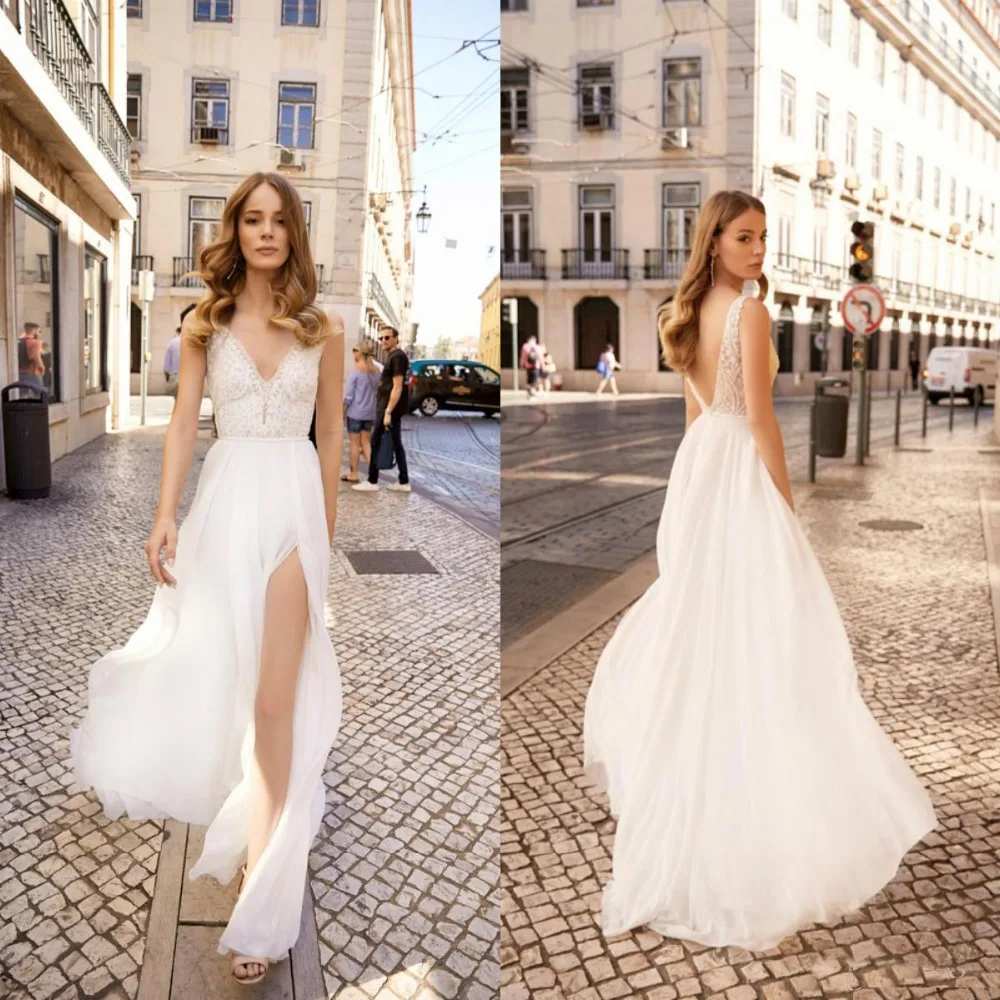 

2019 Berta Beach Wedding Dresses Lace Top Chiffon Modern V Neck Backless Side Slit Bohemian Bridal Gowns Cheap Robe de mariee