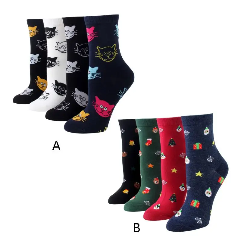 

4 Pairs Unisex Holiday Gift Crew Socks Set Cartoon Meow Cat Christmas Hosiery