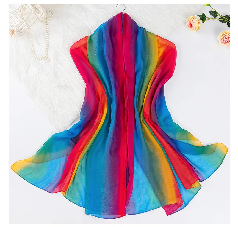 New Rainbow Color Silk Scarves Woman Autumn Winter Long Dots Printed Shawl Scarf Ladies Chiffon Beach Scarf Wraps Warm Gift 3