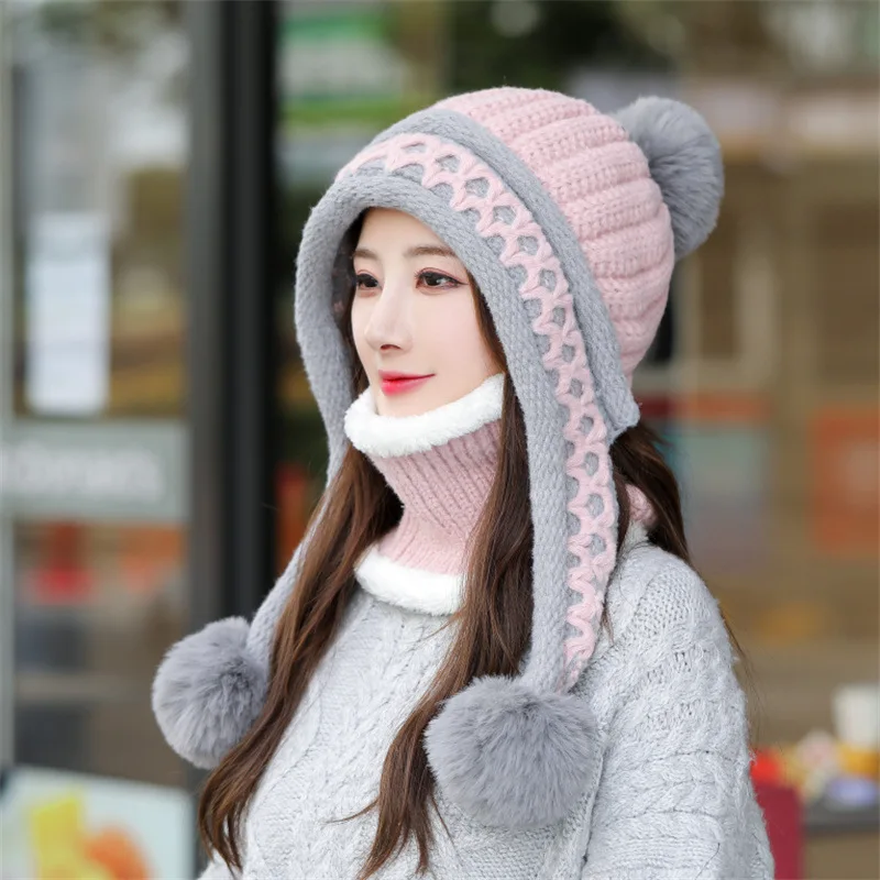 2021 Woolen Hat Women Winter Ear Protection Knitted Hat Bib Two-piece Plus Velvet Warm and Windproof Cycling Hat