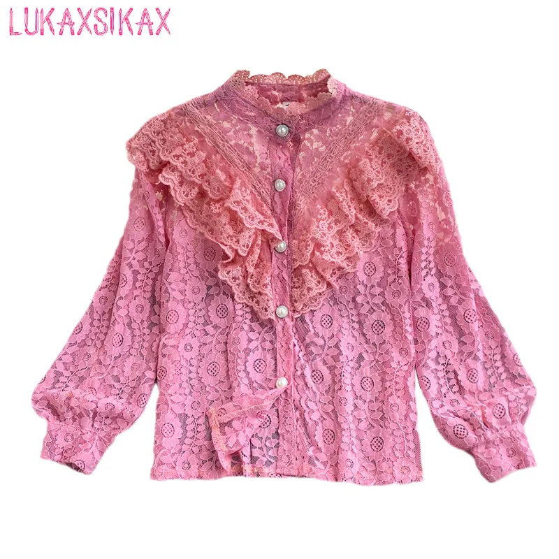 

LUKAXSIKAX New Spring Autumn Women Stand Collar Long Sleeve Short Shirt High Quality Sweet Ruffles Lace Runway Shirt