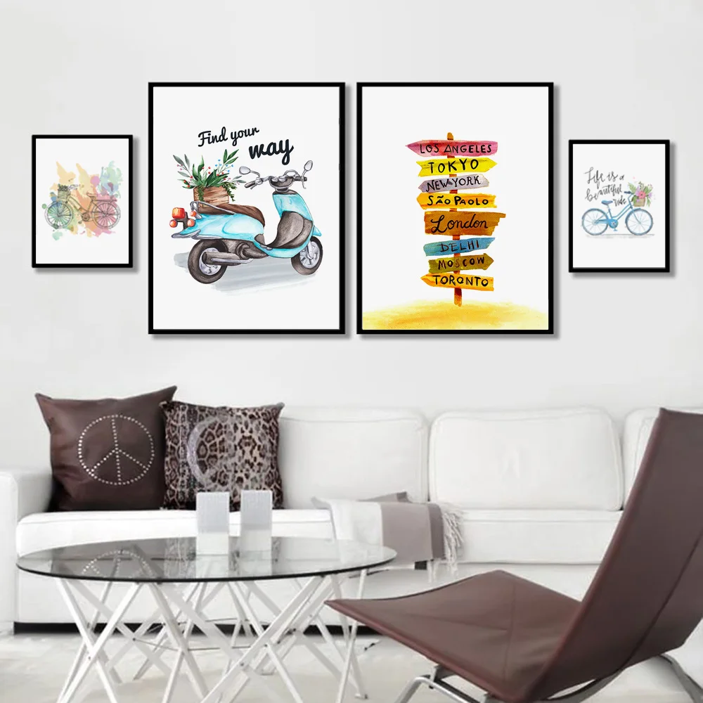 Акварельные дорожные постеры с изображением велосипеда и Лондона скандинавские