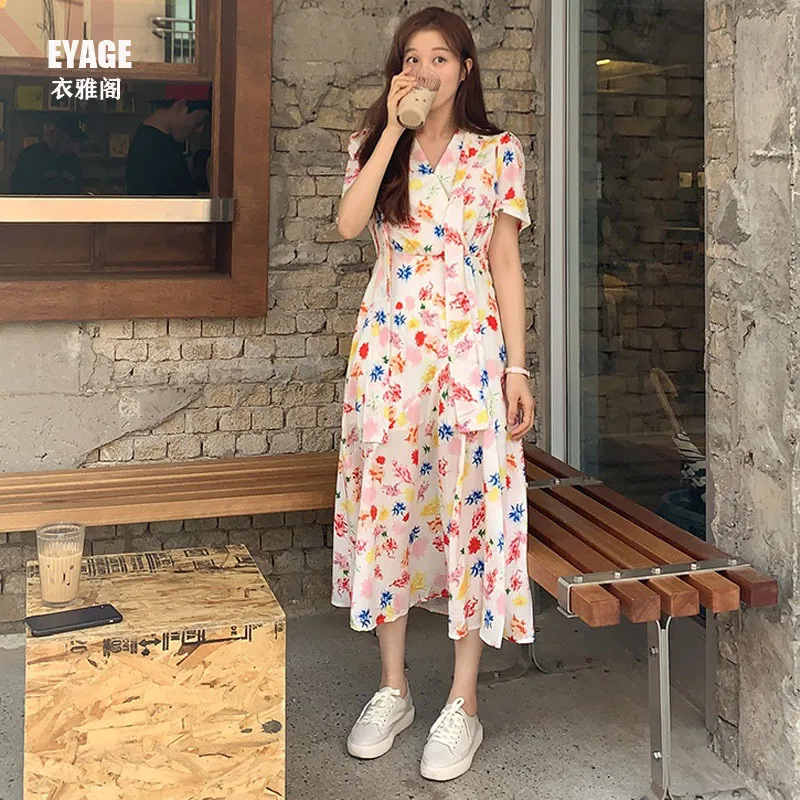 

Summer South Korea Smudge Flower Short-sleeve Dress GIRL'S Sweet Slimming Platycodon Grandiflorum Skirt Slit over-the-Knee Long