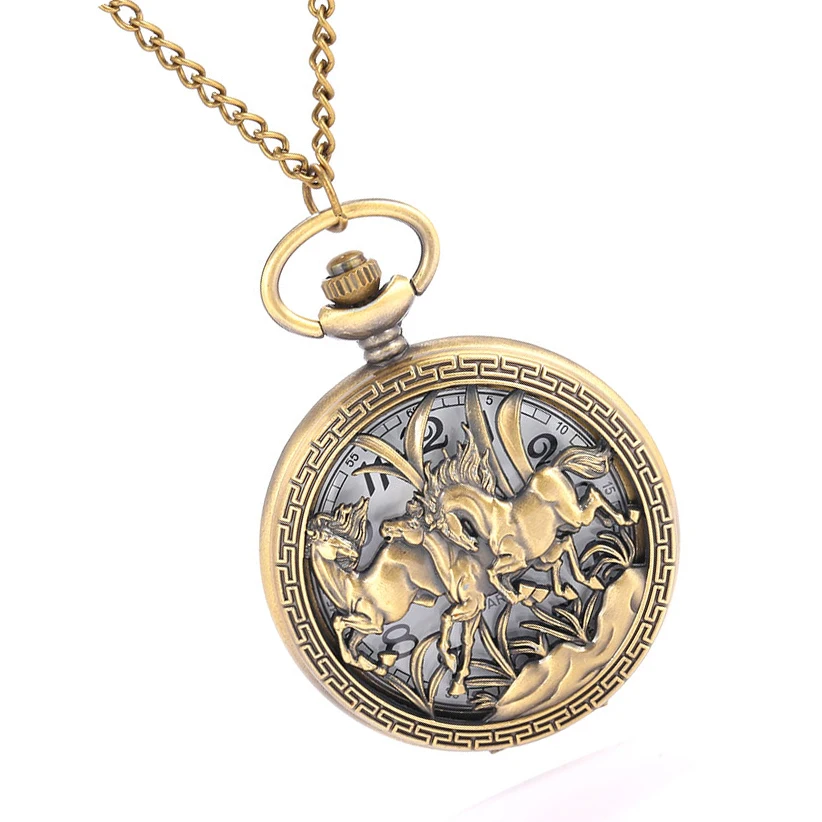 

Quartz pocket watch two horses horse racing pattern carved hollow personality exquisite gift white face Roman pocket watch