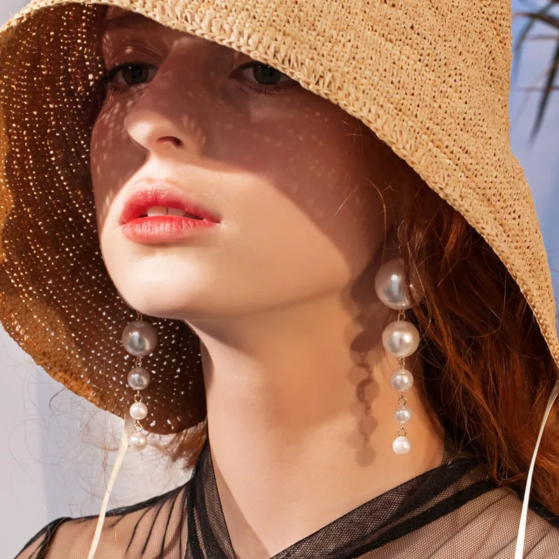Trendy Elegant Created Big Simulated Pearl Long Earrings Pearls String Statement Drop For Wedding Party Gift | Украшения и