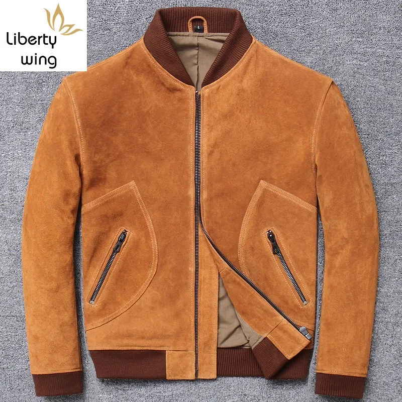 

High Quality Mens Vintage Cow Suede Moto Jacket Long Sleeve Zip Casual Real Leather Outerwear 2020 Spring Military Short Coat