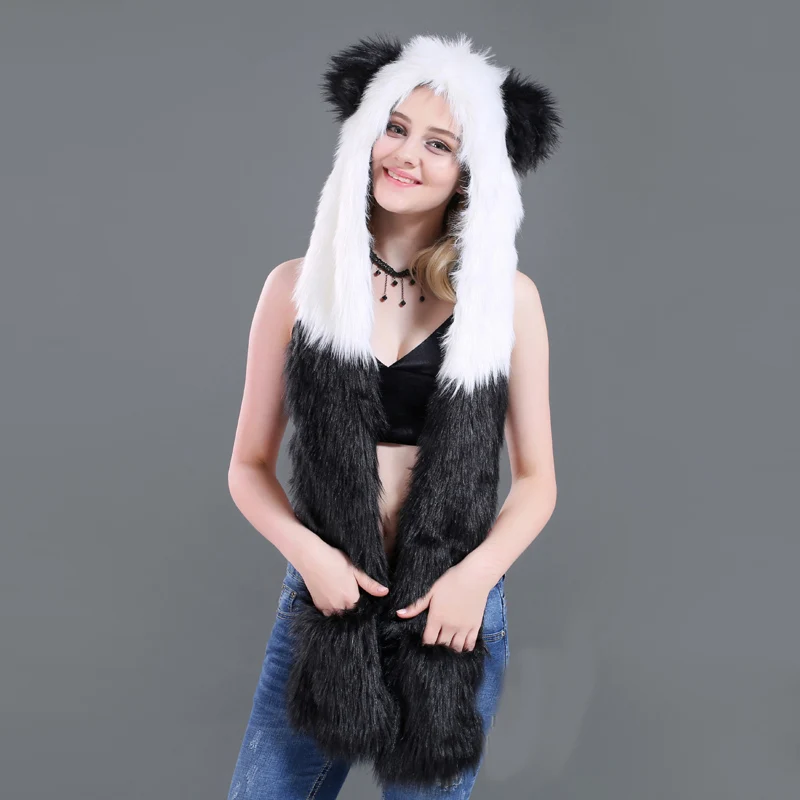 Super Faux Fur Animal Hat & Hand Pockets Warm Cozy 