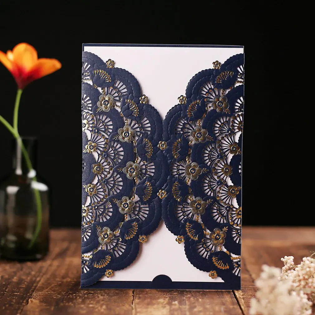  Graceful Sea Blue Laser Cut Florals Red Pocket Wedding Invitation Card With Insides Envelope Seal - 4.00058E+12