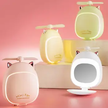

Portable Fan Creative Cartoon Beauty Makeup Mirror Lamp Fan Handheld Portable Usb Charging Small Fan Led Student Gift