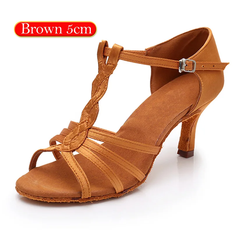 Brown 5cm DIPLIP горячие дамы Латинская танцевальная обувь для взрослых девочек бального танца мягкая танго Обувь Сальса Обувь на высоком каблуке 5/7 см - Цвет: Brown 5cm
