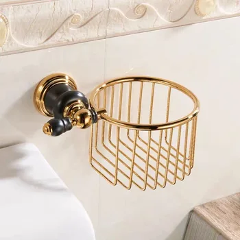 

black jade base toilet roll paper basket European style gold brass bathroom storage hangers round