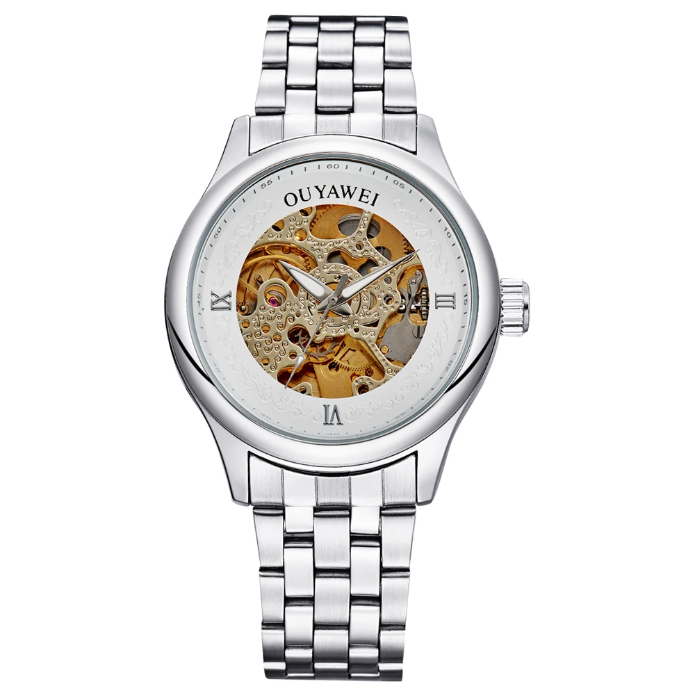 Механические часы с металлическим скелетом и золотым автоматическим ветром, Прозрачные наручные часы для мужчин, Рождественский подарок
