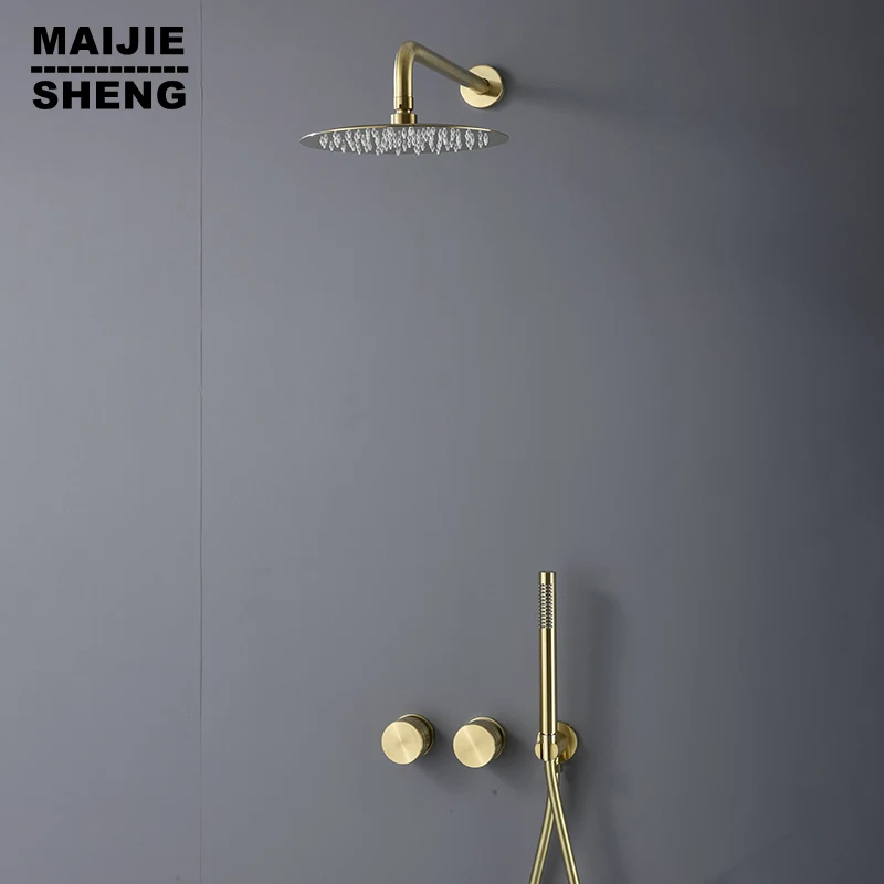 

Bath Bathroom Shower Set Solid Brass Brushed Gold Head Luxury Combo Faucet Wall-Mount Hot And Cold Mixer Diverter10inch Shower