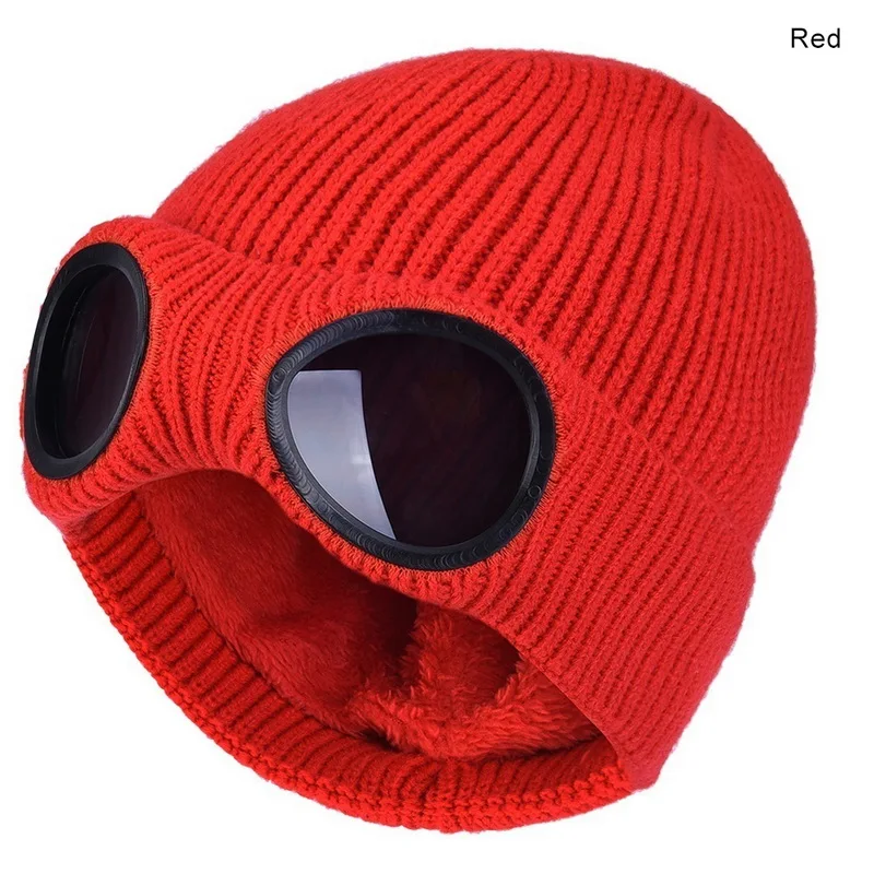 Зимние теплые вязаные шапки Новая мода унисекс для взрослых ветрозащитные Лыжные шапки со съемными очками утепленные спортивные многофункциональные шапки - Цвет: red
