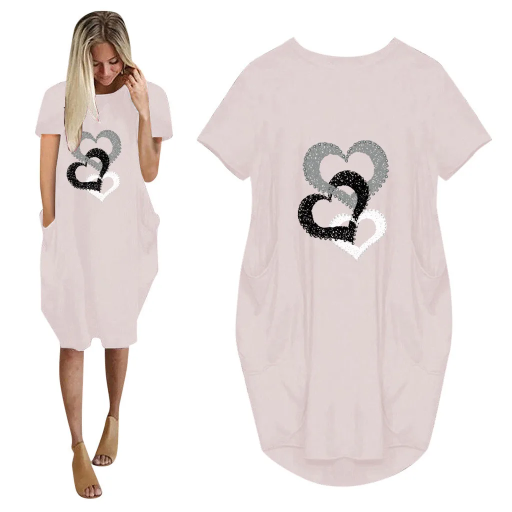 Vestido de verano de manga corta con estampado de corazón, Vestido de cuello redondo