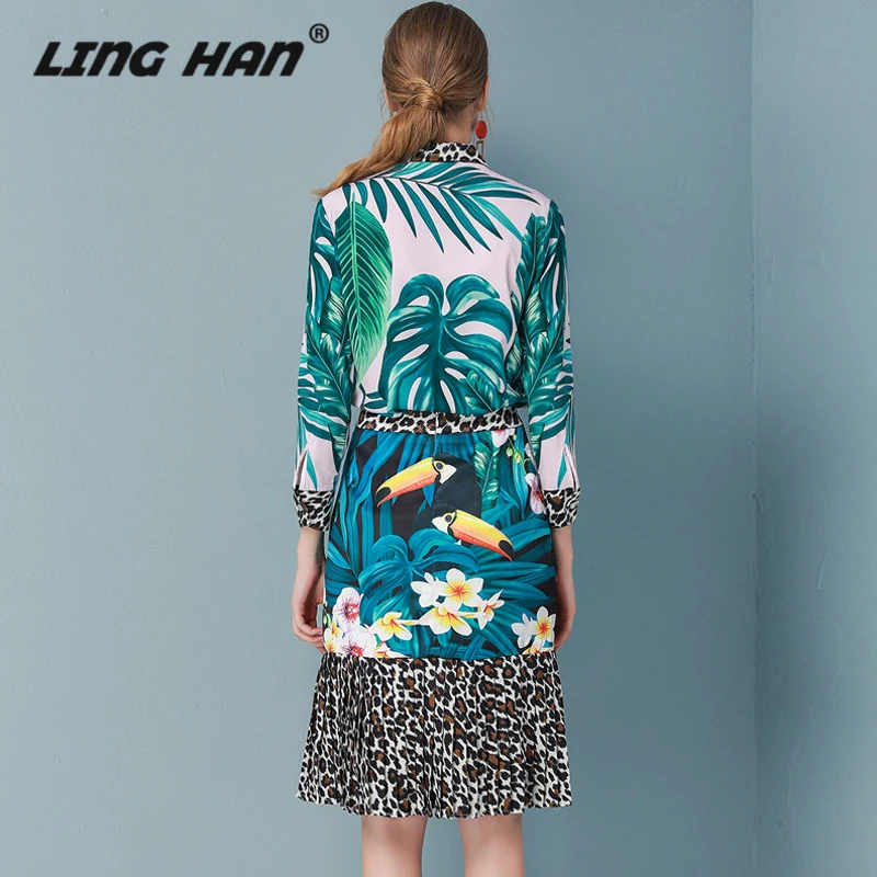 LINGHAN дизайнерский Женский комплект из двух предметов весна лето цветочный принт длинный рукав блузка+ леопардовая модная плиссированная юбка костюм