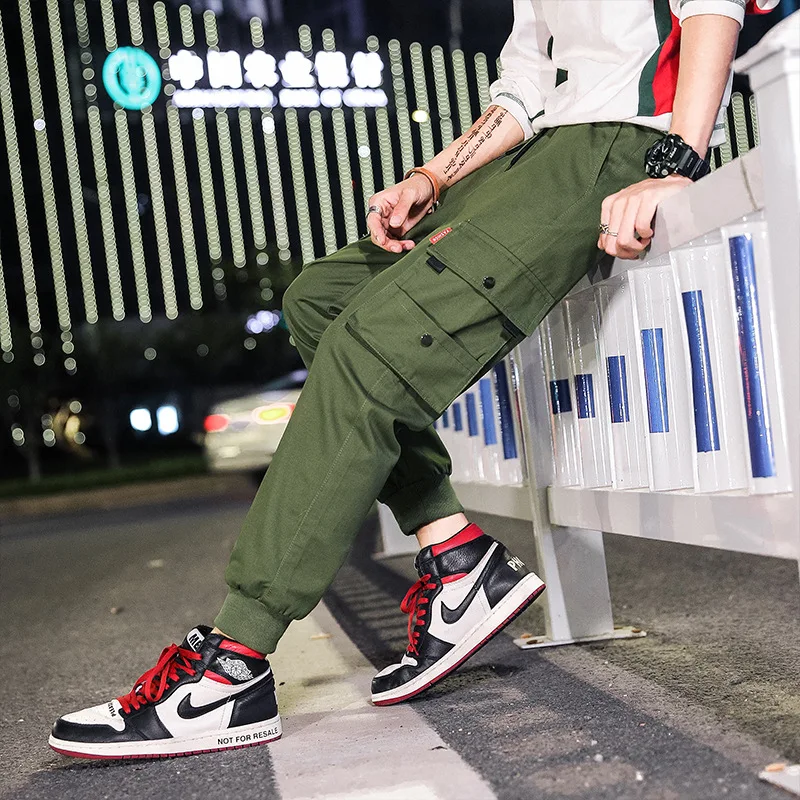 

Trend Handsome Casual Trousers Men's Japanese-style Slim Fit Simple Solid Color Multi-pockets Thread Closing Beam Leg Workwear P