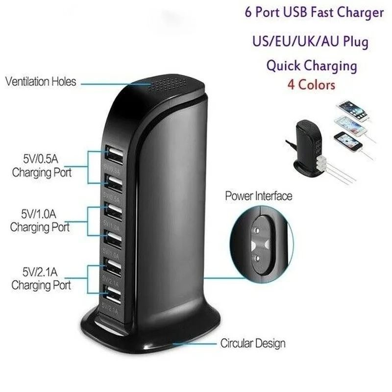 USB Зарядное устройство 30W 6-Порты USB Мощность адаптер быстрой зарядки станции Настольный путешествия Выход 6A US/EU вилка адаптер для iPhone Xiaomi