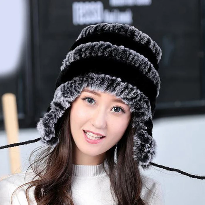 Lady Real Fur Earflap Hats Women Natural Rex Rabbit Fur Beanies Cap Russian Winter Warm Genuine Fur Hat Wholesale - Цвет: black grey
