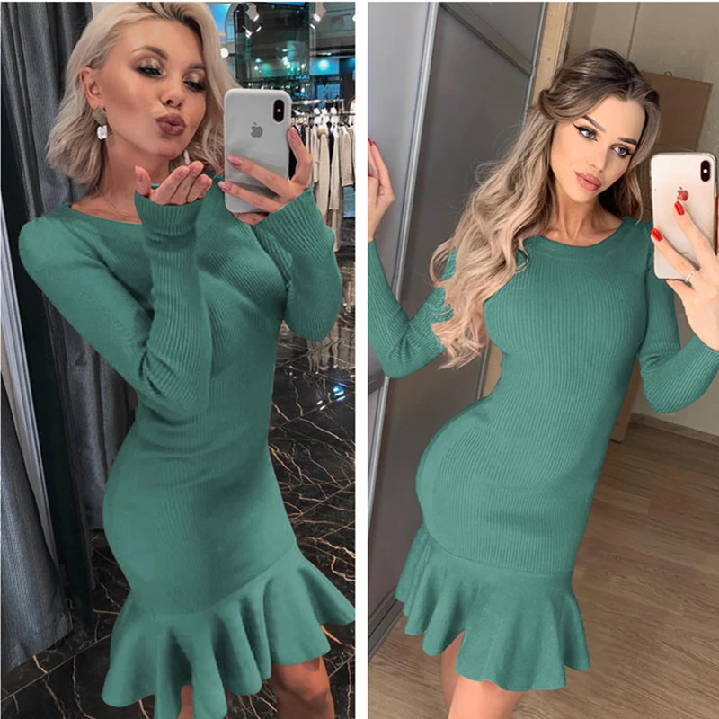Зеленый BornToGirl весна осень зима для женщин с длинным рукавом Круглый вырез синий серый зеленый красный коричневый тонкое платье - Цвет: Зеленый