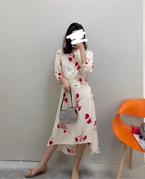 

Women Dress New 2020 Retro Floral Printed Stand Collar Pleated Waist Three Quarter Sleeve Irregular Dress