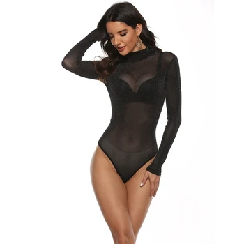 

Sexy Black Sheer Mesh Bodysuit Women Long Sleeve Nude Bodysuits Lady Bodycon See Through Jumpsuits Club Body Suit